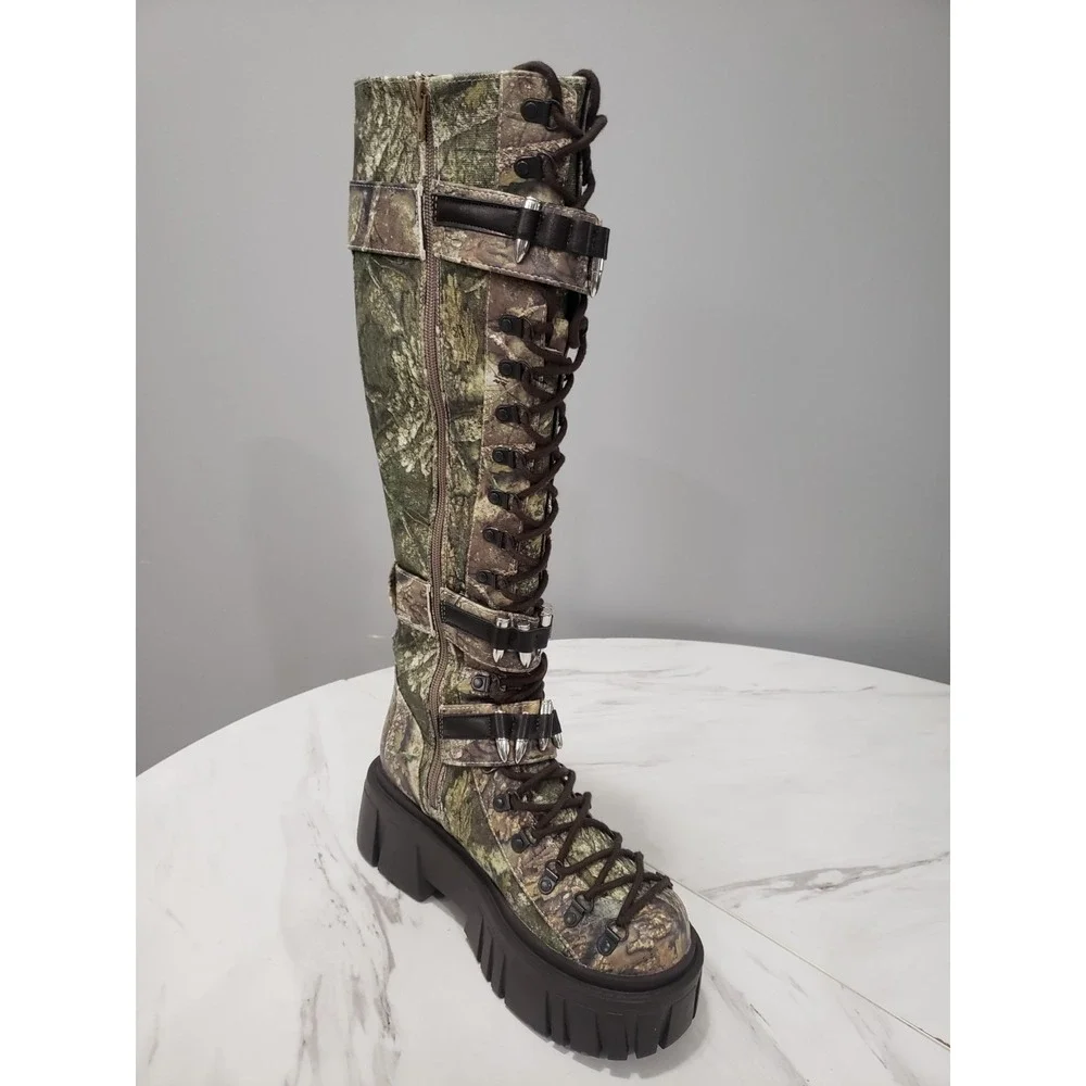 SZ 7 Dolls Kill Critic Knee High Hiker Camo BULLET Buckle Combat Boots REALTREE
